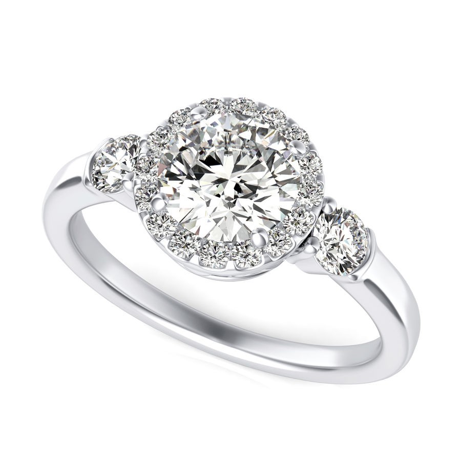 Three Stone Halo Engagement Ring