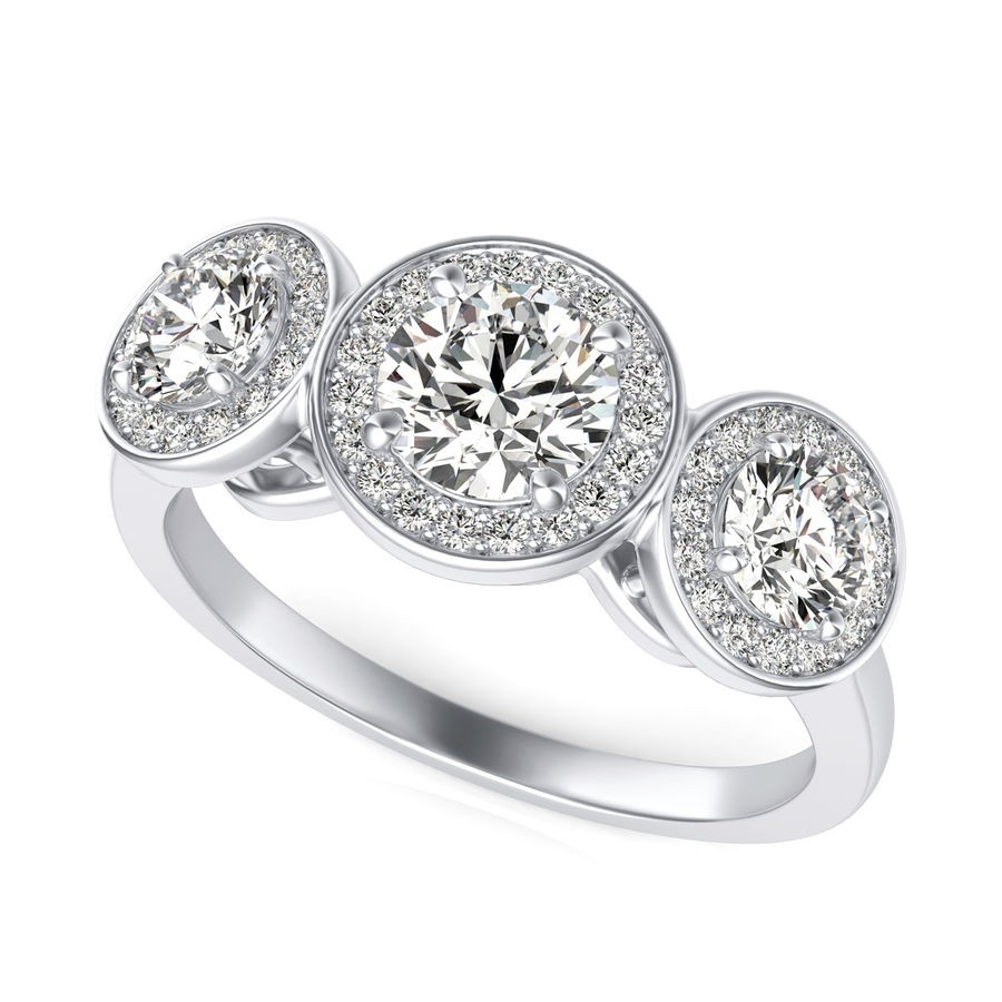 Three Stone Halo Engagement Ring