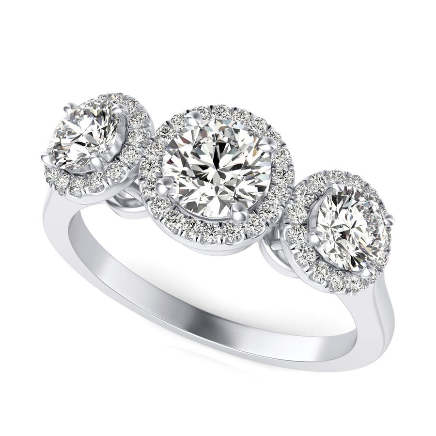 Three Stone Halo Engagement Ring