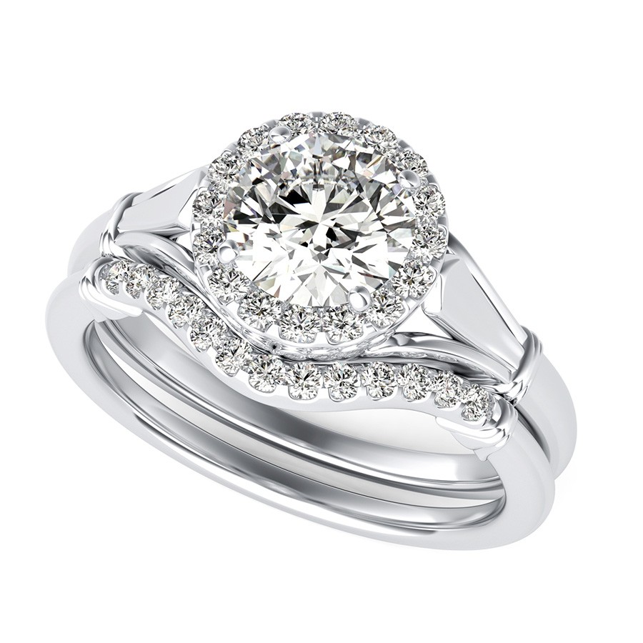 Flower Engraving Halo Engagement Ring With Matching Band