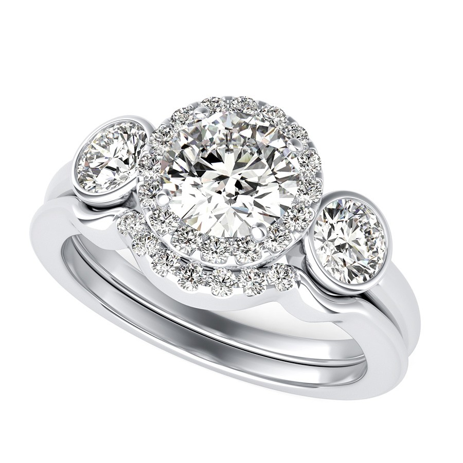 Simple Three Stone Halo Engagement Ring With Bezel Set Side Stones & Matching Band