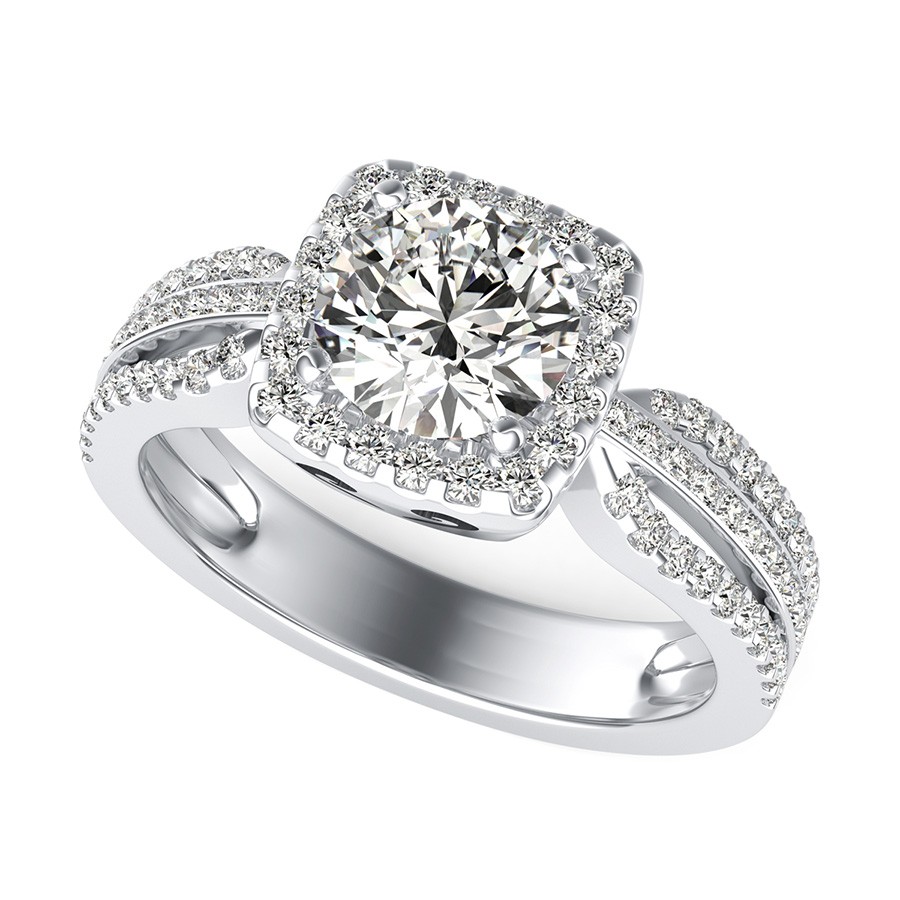 Unique Triple Band Halo Engagement Ring With Side Stones