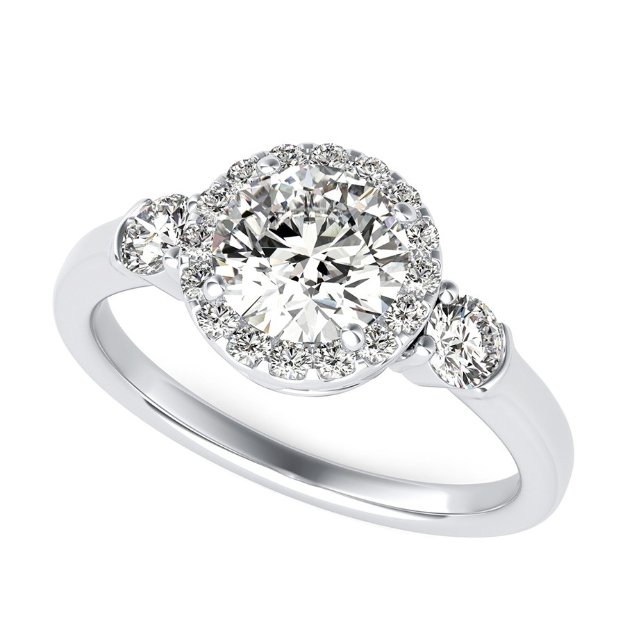 Three Stone Halo Engagement Ring With Scrolls On The Basket