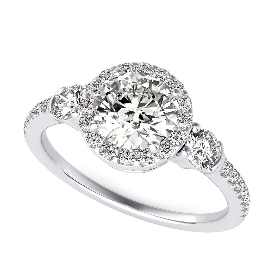 Three Stone Halo Engagement Ring With Scrolls On The Basket