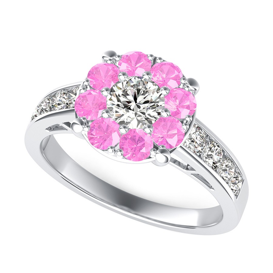 Floral Halo Engagement Ring With Channel Set Side Stones