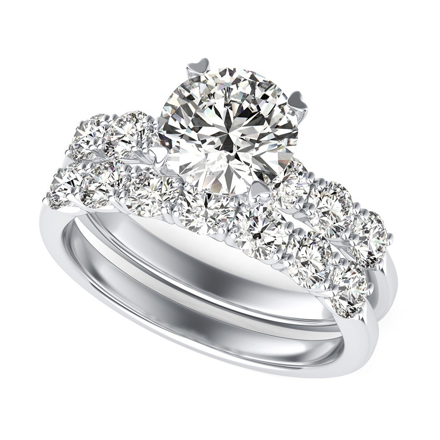 Engagement Ring With Side Stones Set In U Shape Prongs & Matching Band