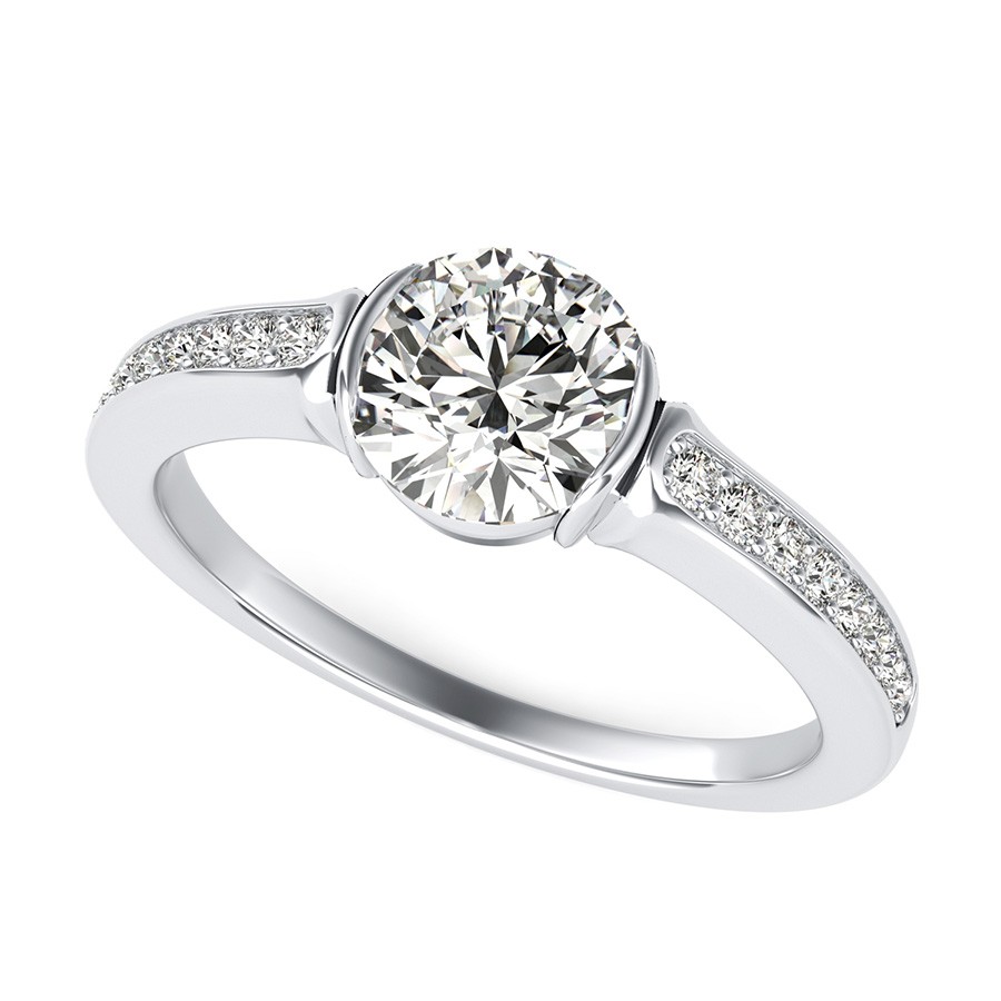 Half Bezel Engagement Ring With Pave Set Side Stones