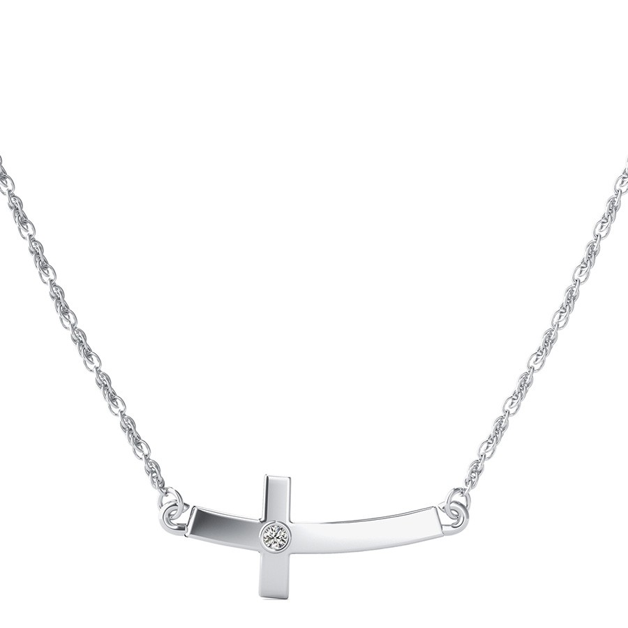 Sideways Curved Cross Pendant With Bezel Set Stone